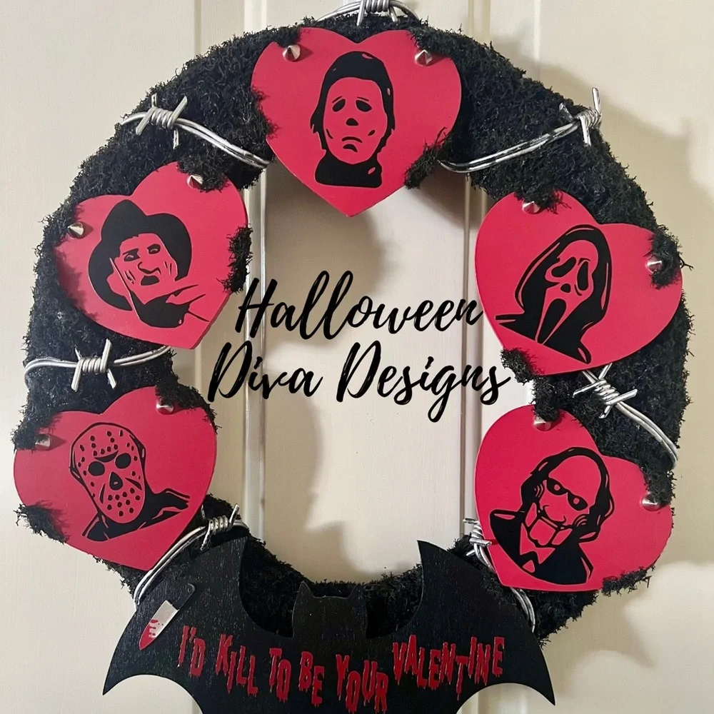 Valentine’s Day Valloween Red and Black Horror Wreath